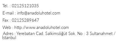 Anadolu Otel telefon numaralar, faks, e-mail, posta adresi ve iletiim bilgileri